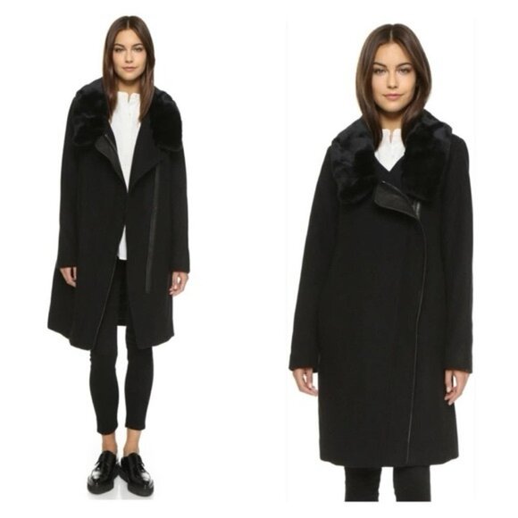 Vince Genuine Rabbit Fur Collar Asymmetrical Black Coat Size XS